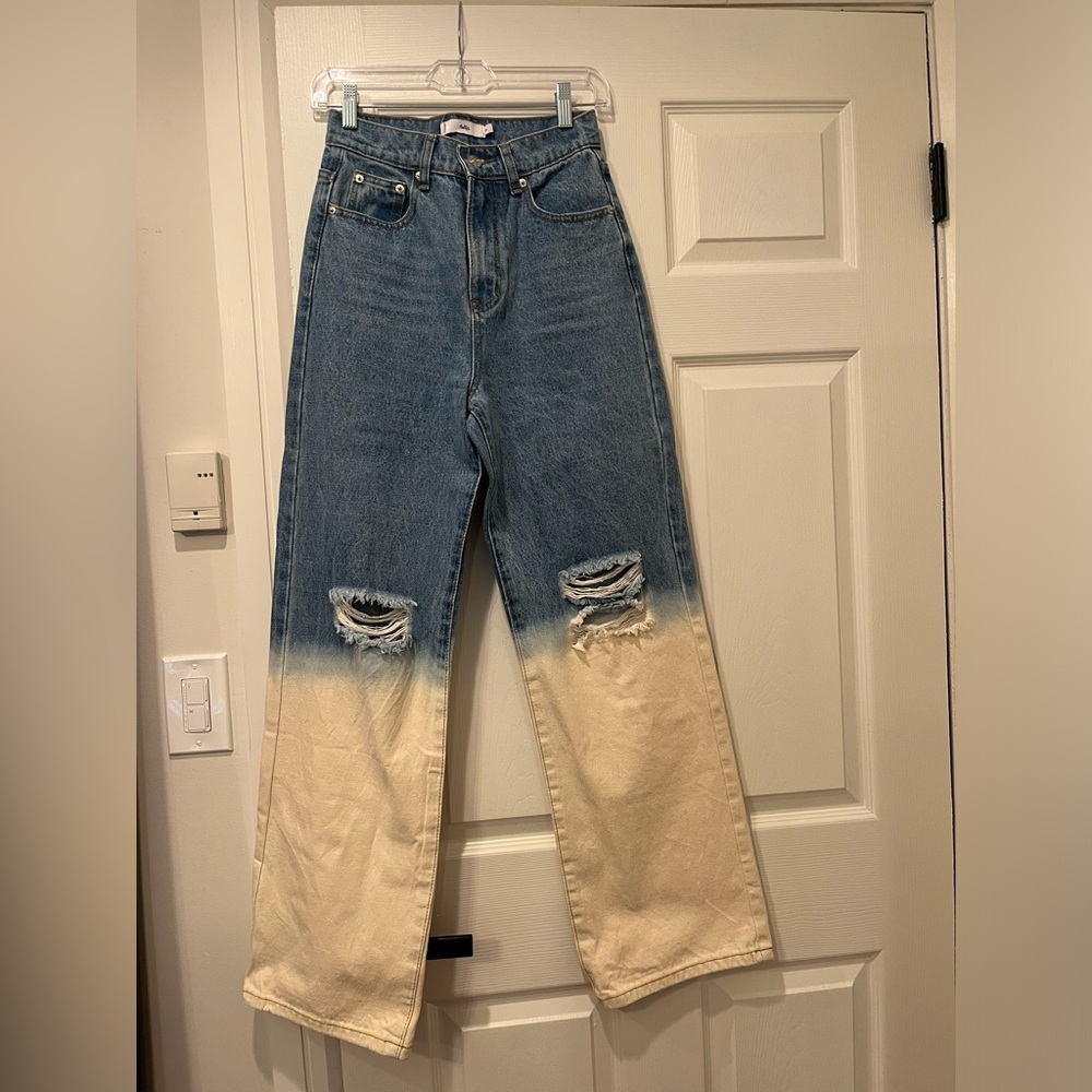 Adika, blue and crème washed, denim, ripped, wide leg jeans